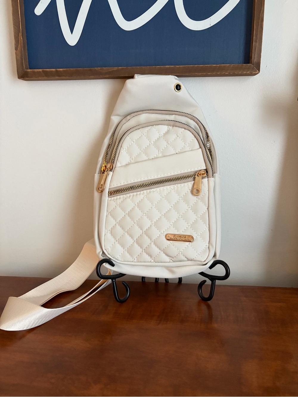 Source Unknown Cream Quilted Crossbody Sling with Gold Accents NWOT